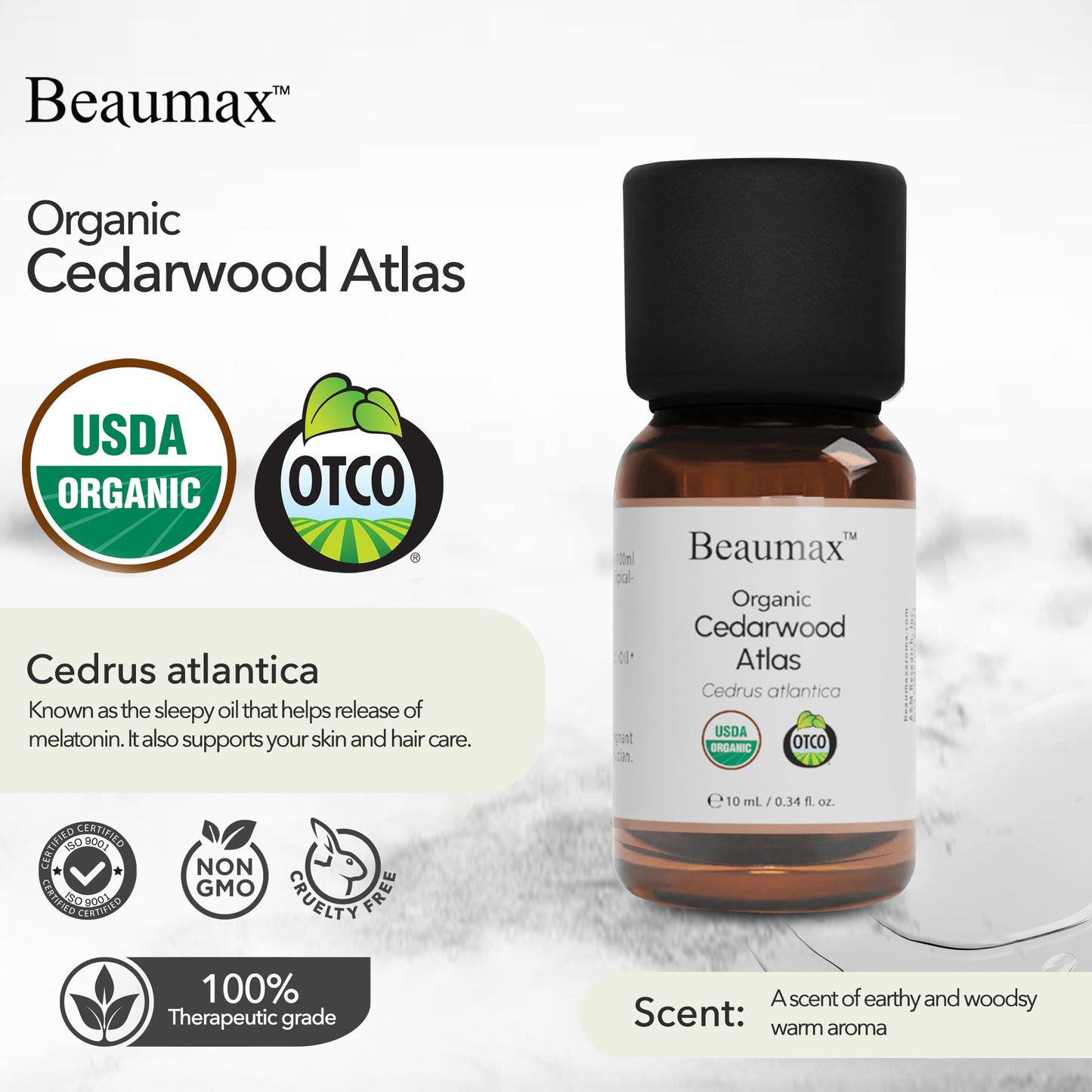 Cedarwood Atlas Organic Essential Oil (Cedrus Atlantica Wood) 10ml